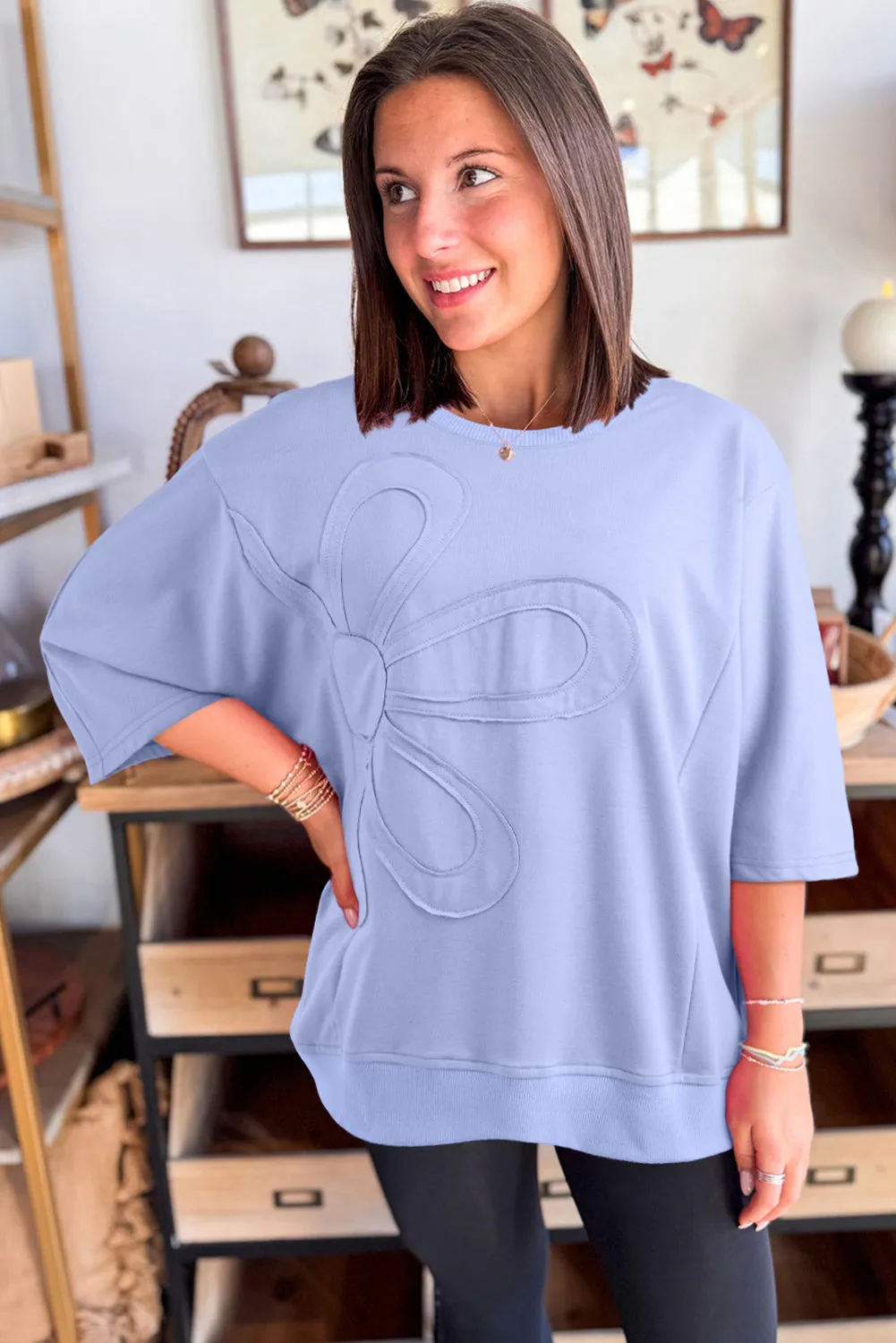 Beau Blue Floral Patch Half Sleeve Top sold by Beagle Boutique product image thumbnail 3