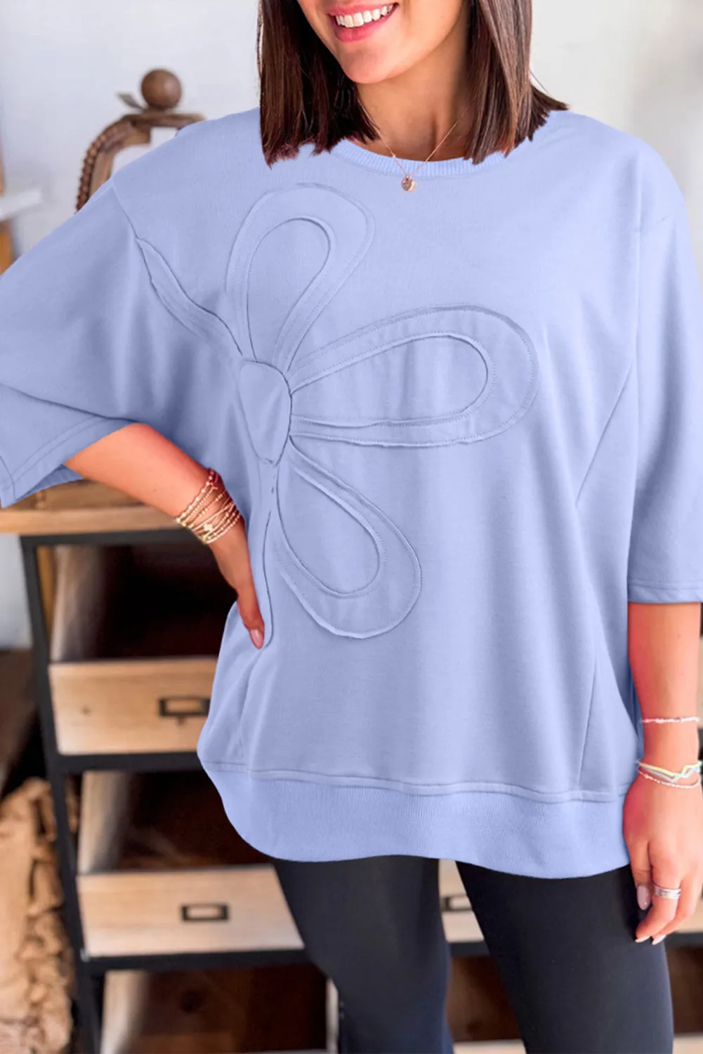 Beau Blue Floral Patch Half Sleeve Top sold by Beagle Boutique