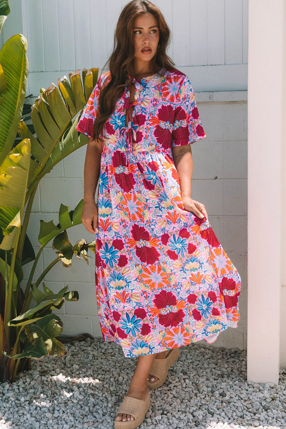 Rose Floral Tie-up Front Short Sleeve Loose Long Dress sold by Beagle Boutique product image thumbnail 4