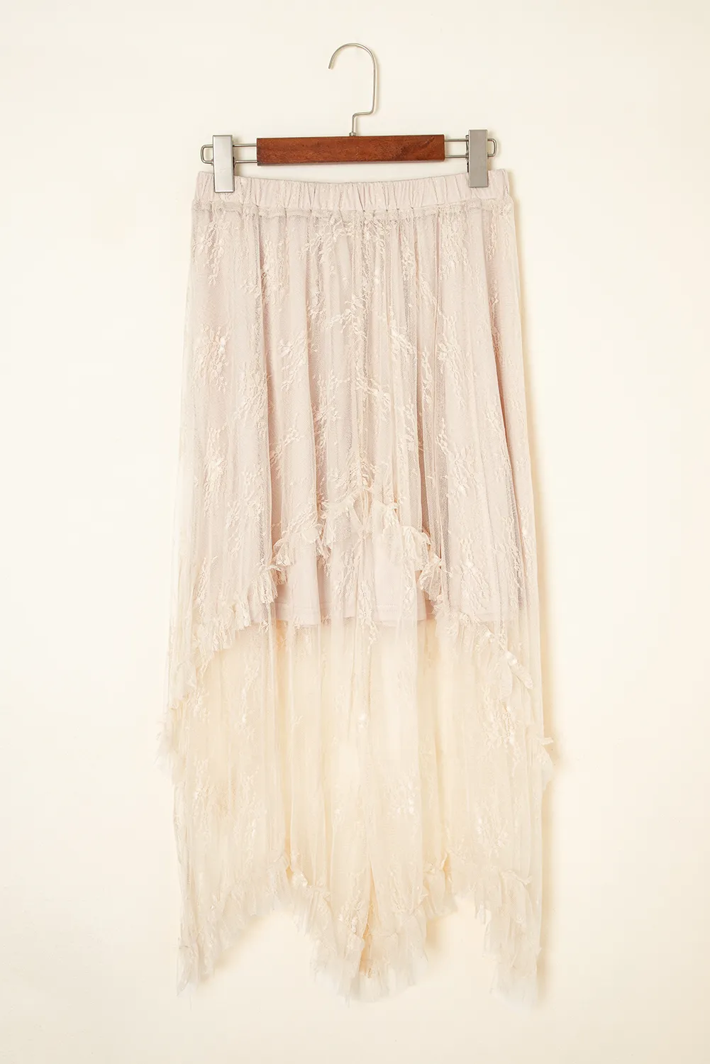 Beige Lace Cascading Tiered High Waist Maxi Skirt sold by Beagle Boutique product image thumbnail 5