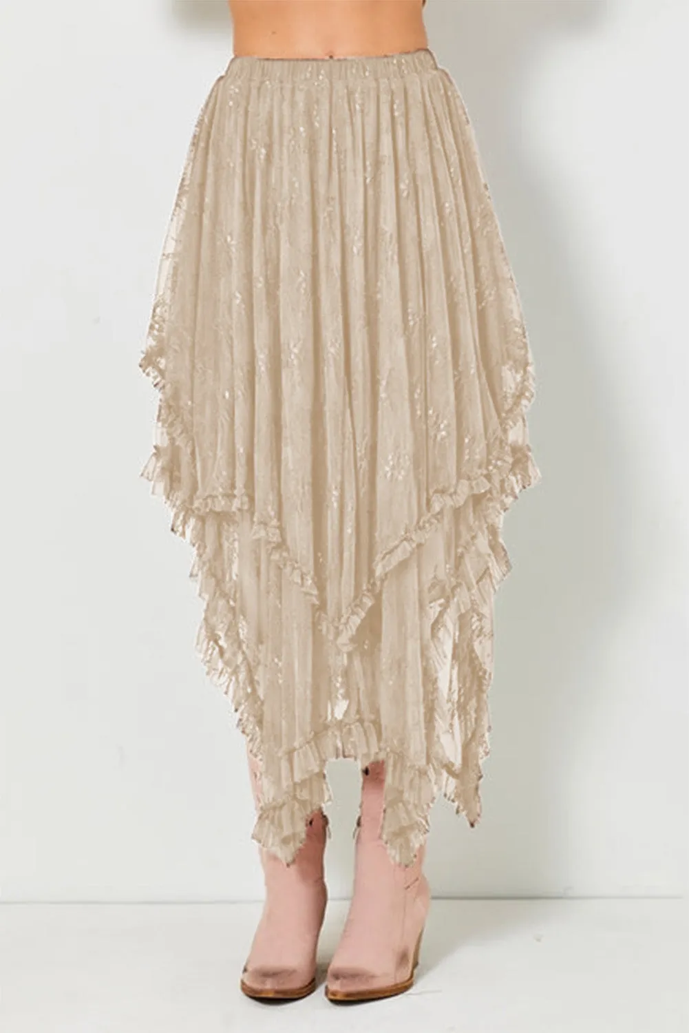 Beige Lace Cascading Tiered High Waist Maxi Skirt sold by Beagle Boutique product image thumbnail 3