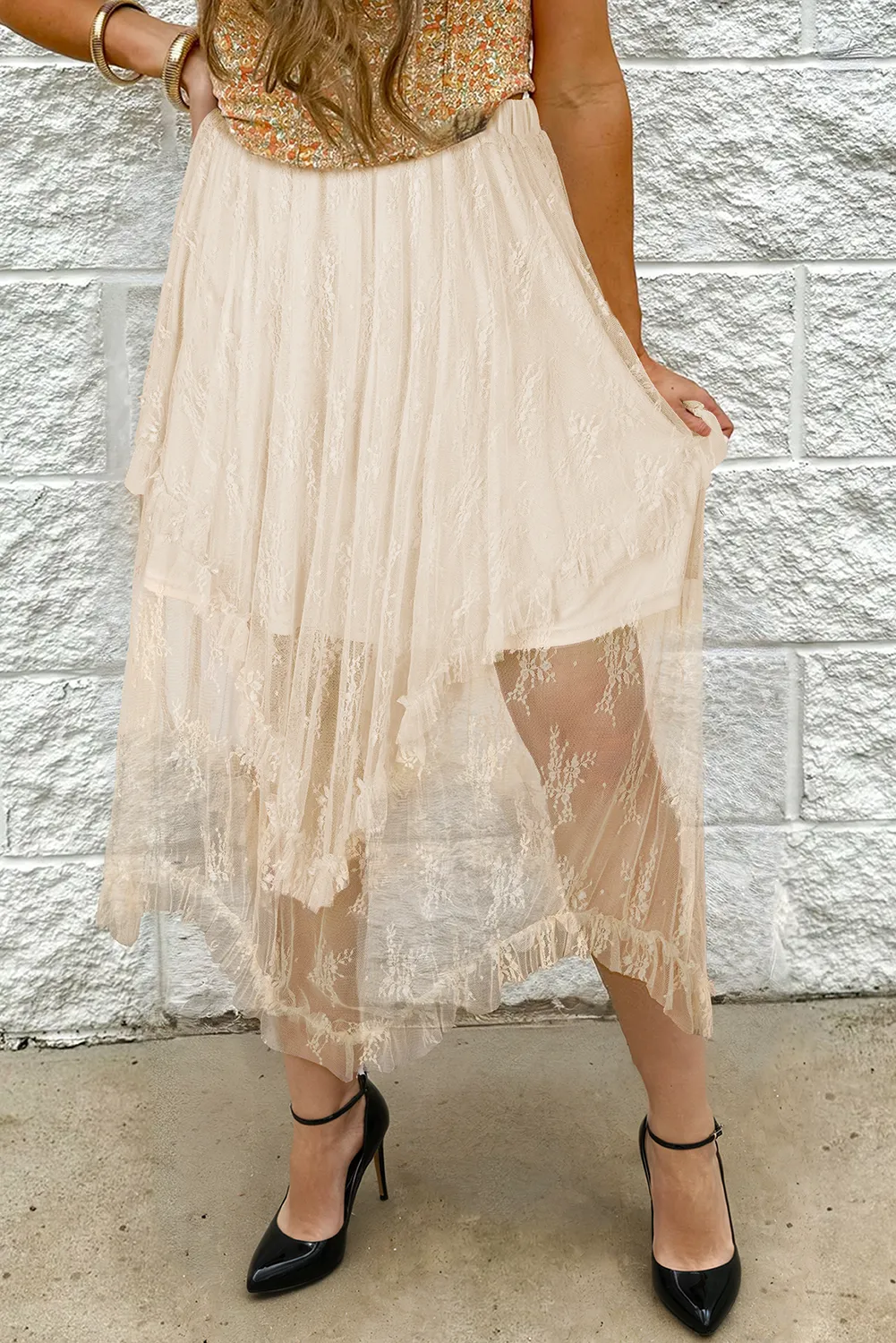 Beige Lace Cascading Tiered High Waist Maxi Skirt sold by Beagle Boutique