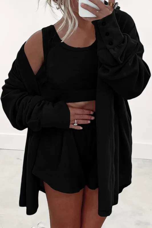 Black 3 Pcs Crop Tank Top, Shorts with Cardigan Lounge Set sold by Beagle Boutique