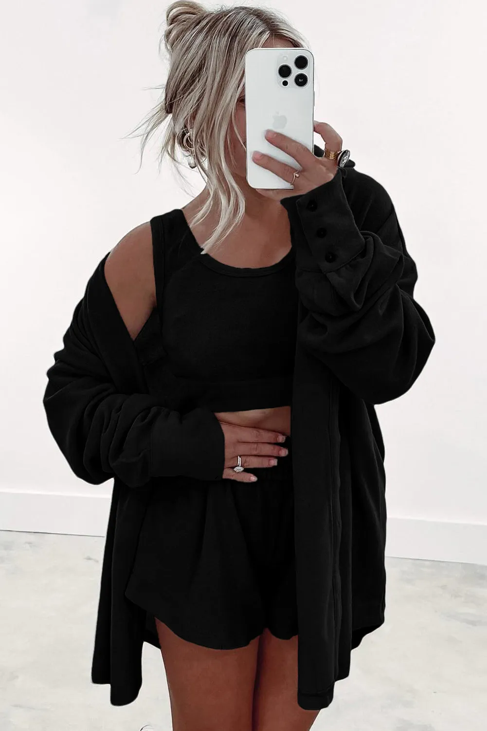 Black 3 Pcs Crop Tank Top, Shorts with Cardigan Lounge Set sold by Beagle Boutique product image thumbnail 3