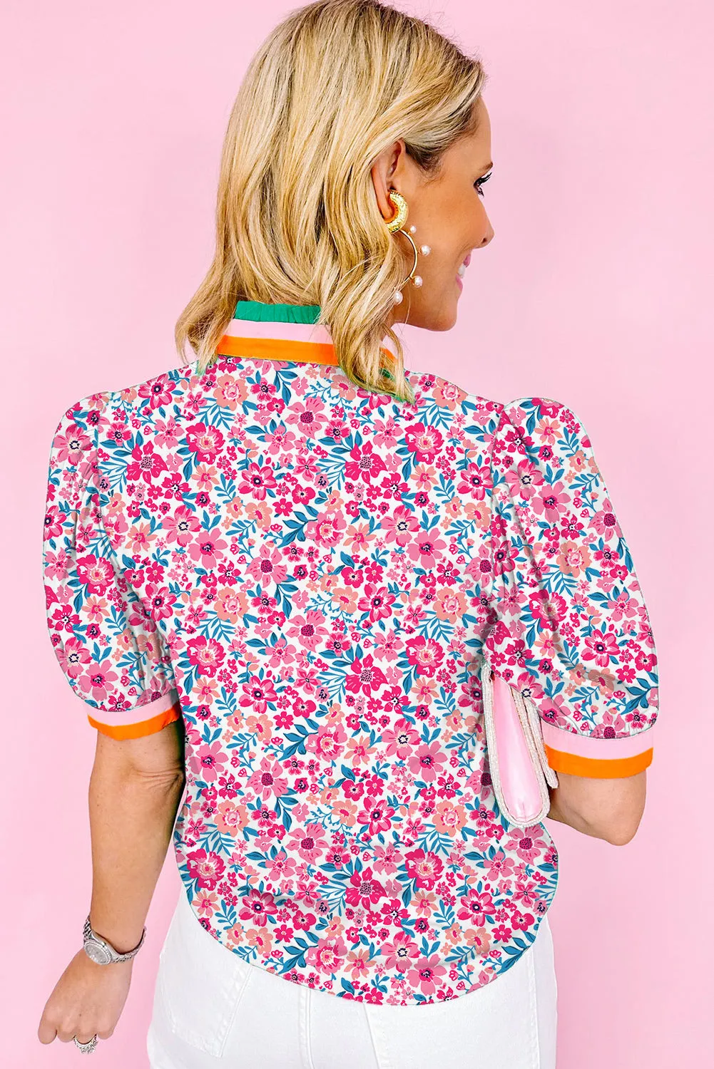 Pink Floral Print Contrast Striped Detail Short Sleeve Blouse sold by Beagle Boutique product image thumbnail 2