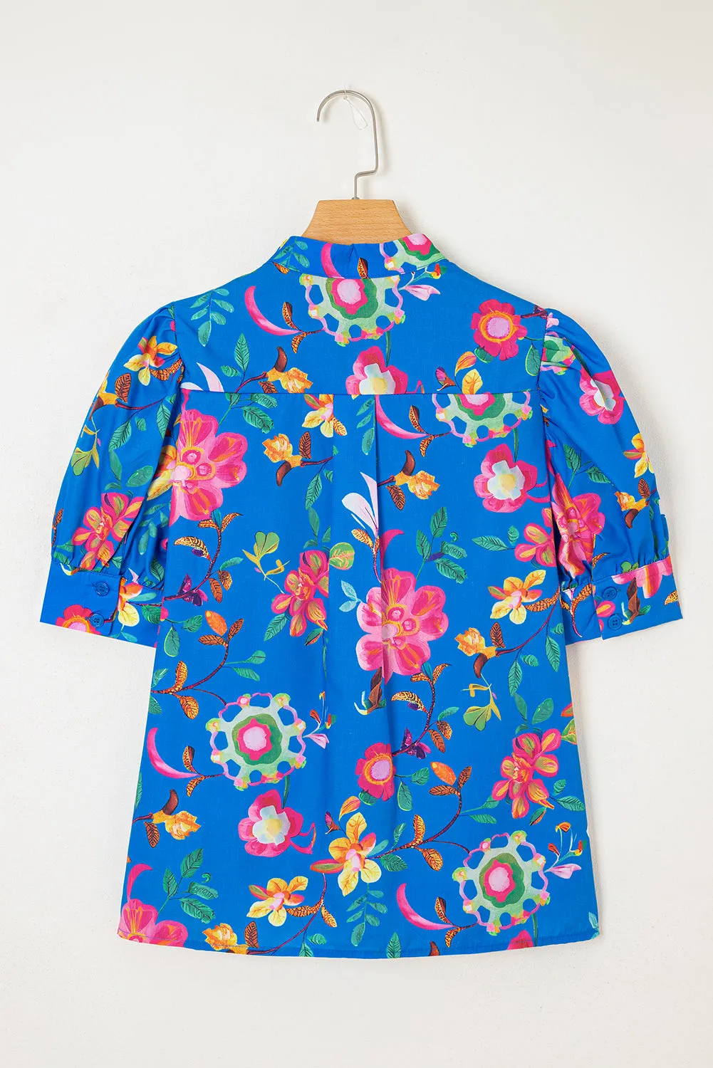 Blue Floral Short Puff Sleeve Button Up Shirt sold by Beagle Boutique product image thumbnail 5