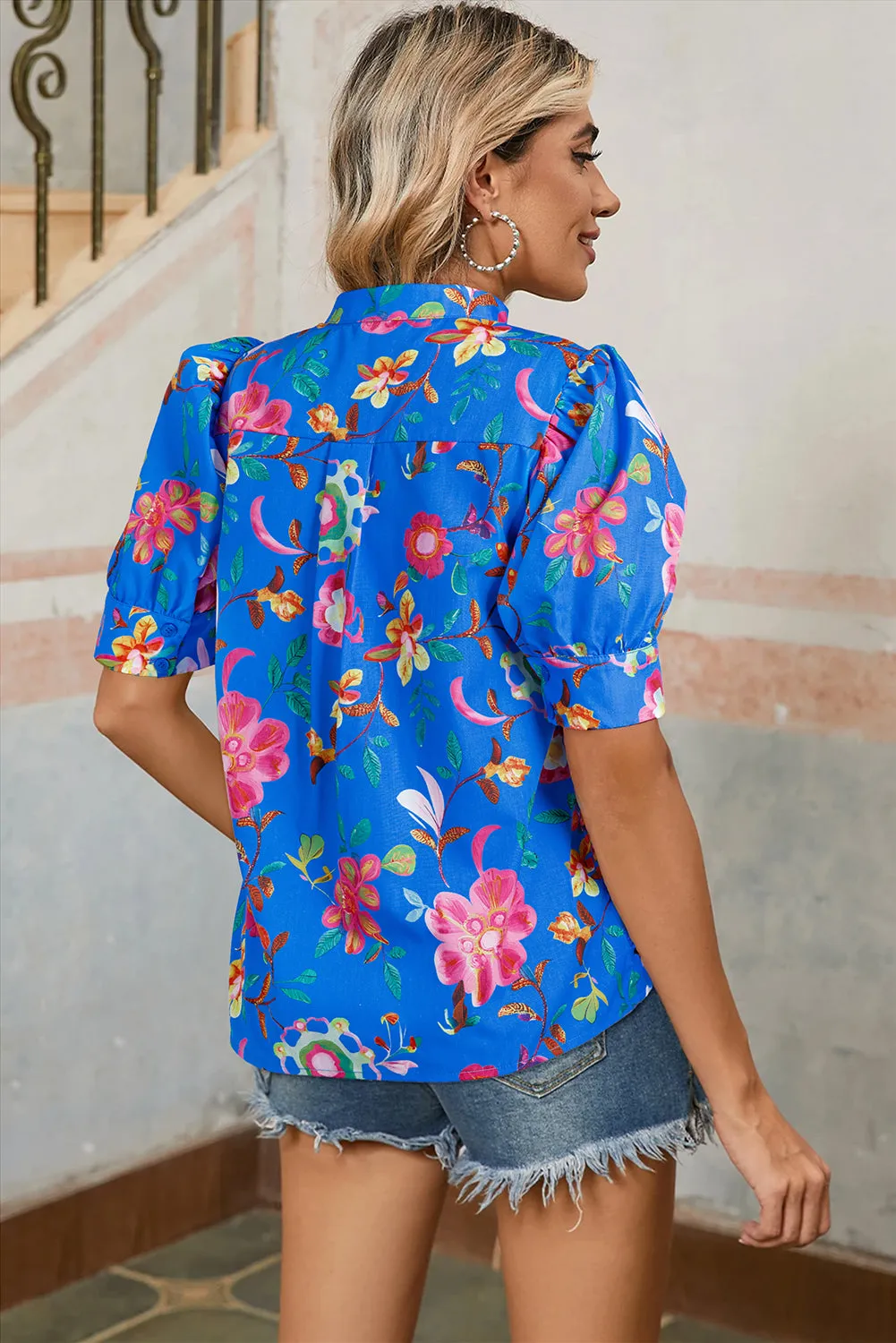 Blue Floral Short Puff Sleeve Button Up Shirt sold by Beagle Boutique product image thumbnail 2