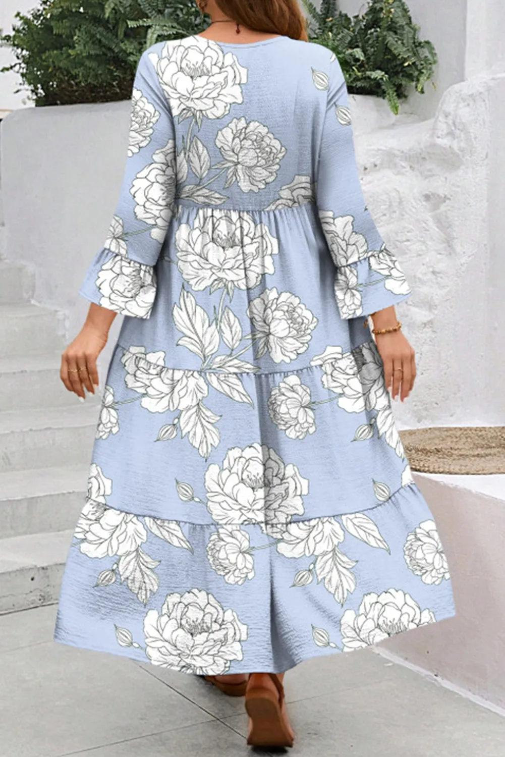 Sky Blue Floral Bell Sleeve V Neck Plus Size Tiered Maxi Dress sold by Beagle Boutique product image thumbnail 2