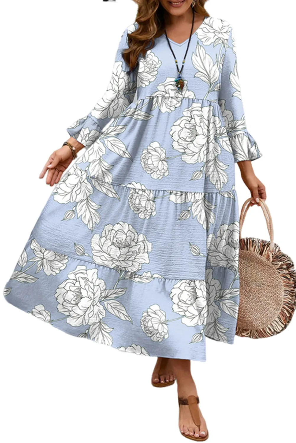 Sky Blue Floral Bell Sleeve V Neck Plus Size Tiered Maxi Dress sold by Beagle Boutique product image thumbnail 3
