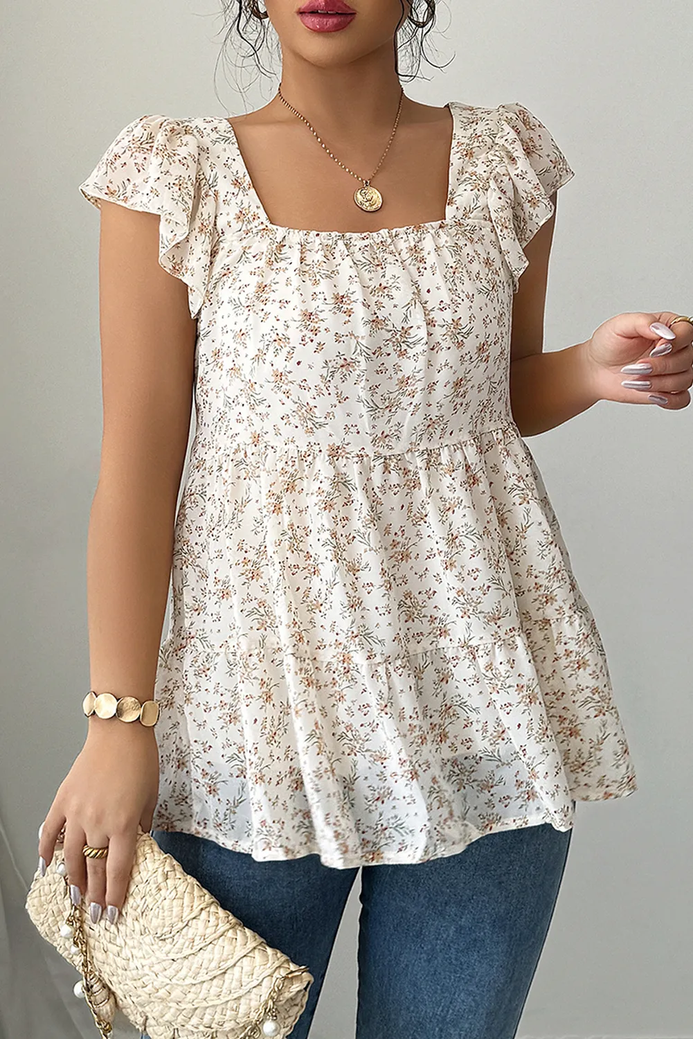 Beige Floral Print Square Neck Ruffle Sleeveless Top sold by Beagle Boutique product image thumbnail 5