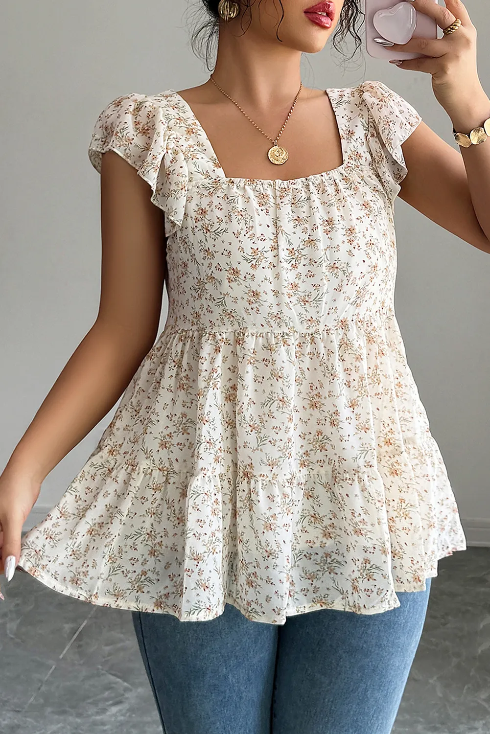 Beige Floral Print Square Neck Ruffle Sleeveless Top sold by Beagle Boutique