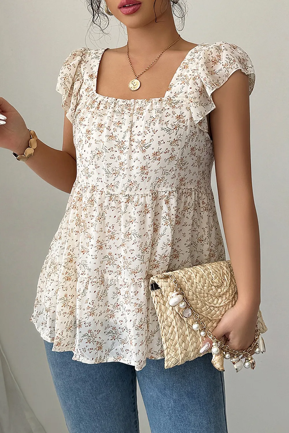 Beige Floral Print Square Neck Ruffle Sleeveless Top sold by Beagle Boutique product image thumbnail 3