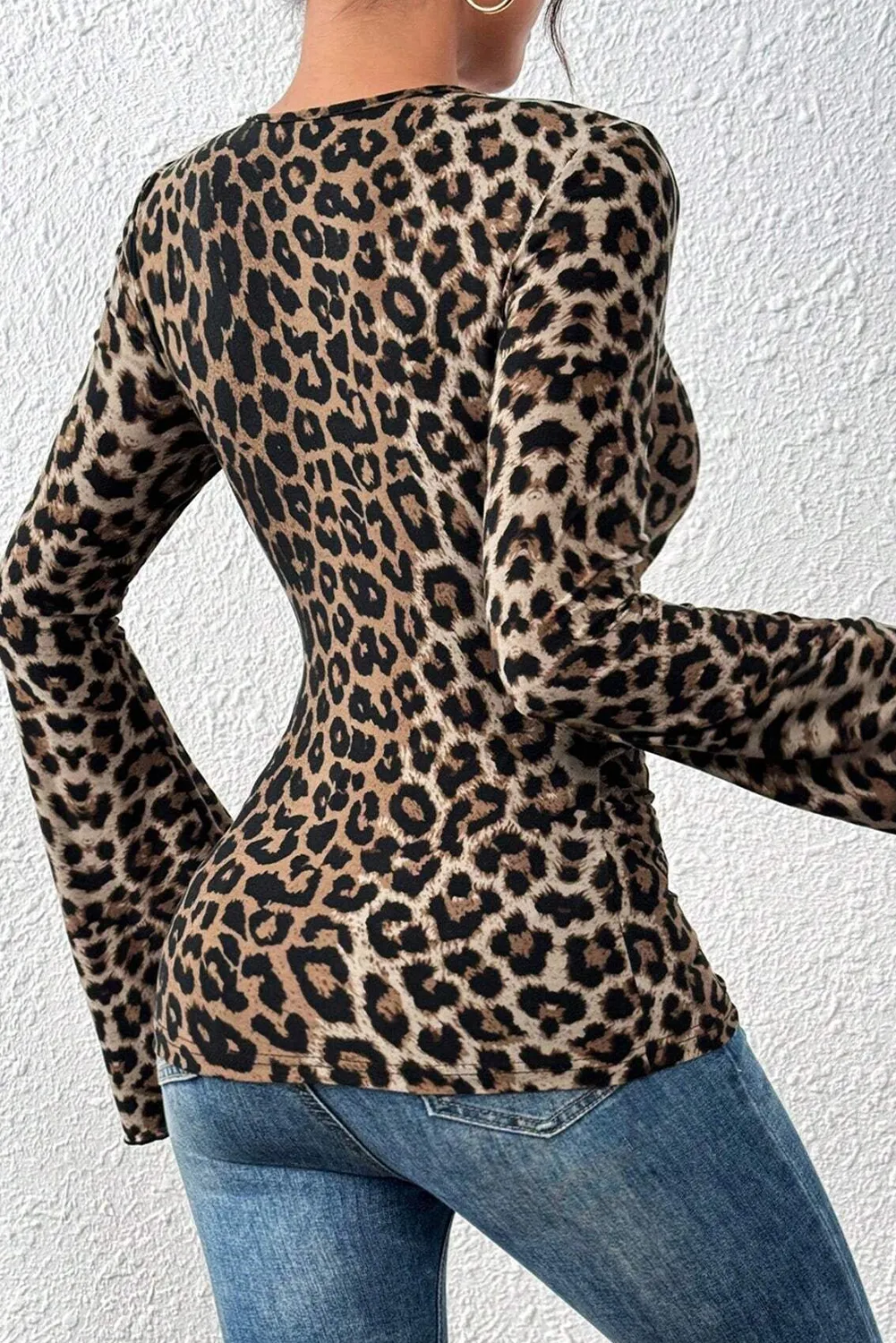 Brown Leopard Print V Neck Flared Long Sleeve Top sold by Beagle Boutique product image thumbnail 2