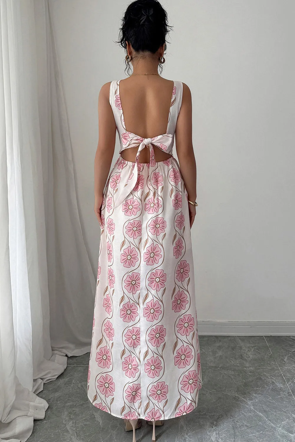 Pink Floral Print V Neck Sleeveless Maxi Dress sold by Beagle Boutique product image thumbnail 2