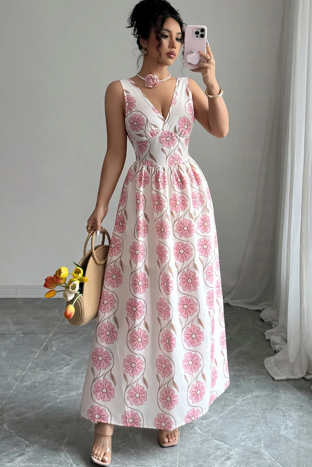 Pink Floral Print V Neck Sleeveless Maxi Dress sold by Beagle Boutique product image thumbnail 3