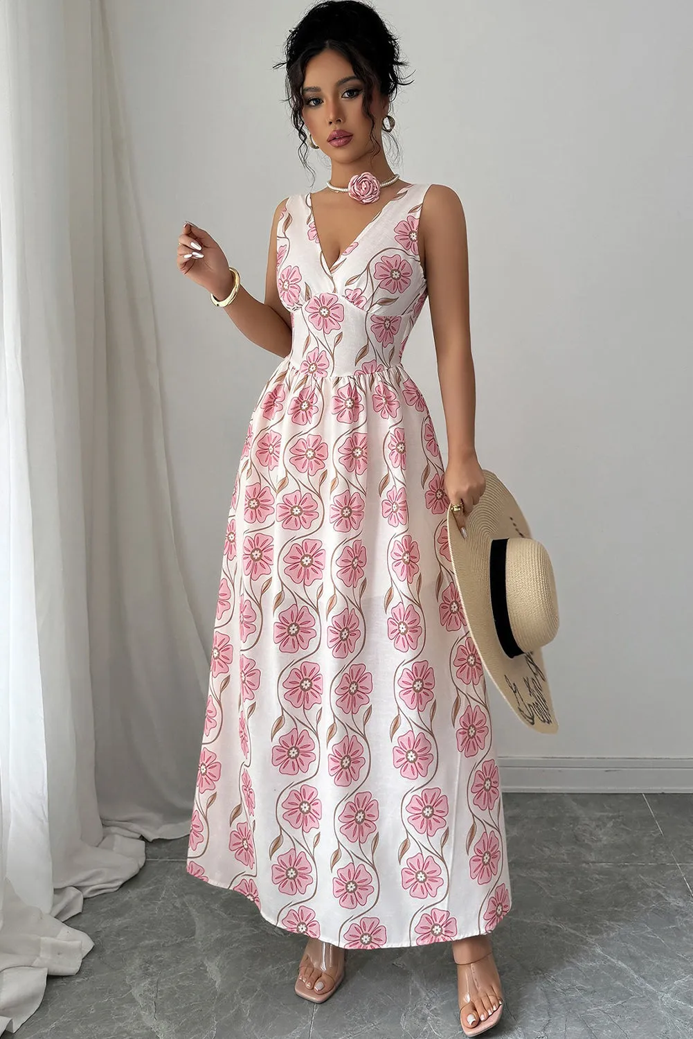 Pink Floral Print V Neck Sleeveless Maxi Dress sold by Beagle Boutique product image thumbnail 5