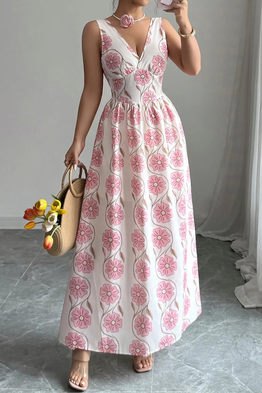 Pink Floral Print V Neck Sleeveless Maxi Dress sold by Beagle Boutique