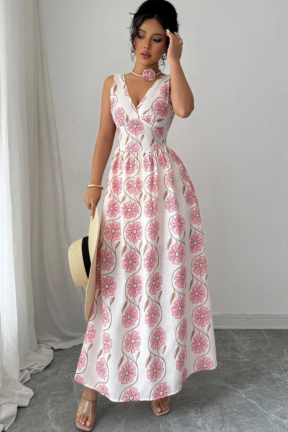 Pink Floral Print V Neck Sleeveless Maxi Dress sold by Beagle Boutique product image thumbnail 4