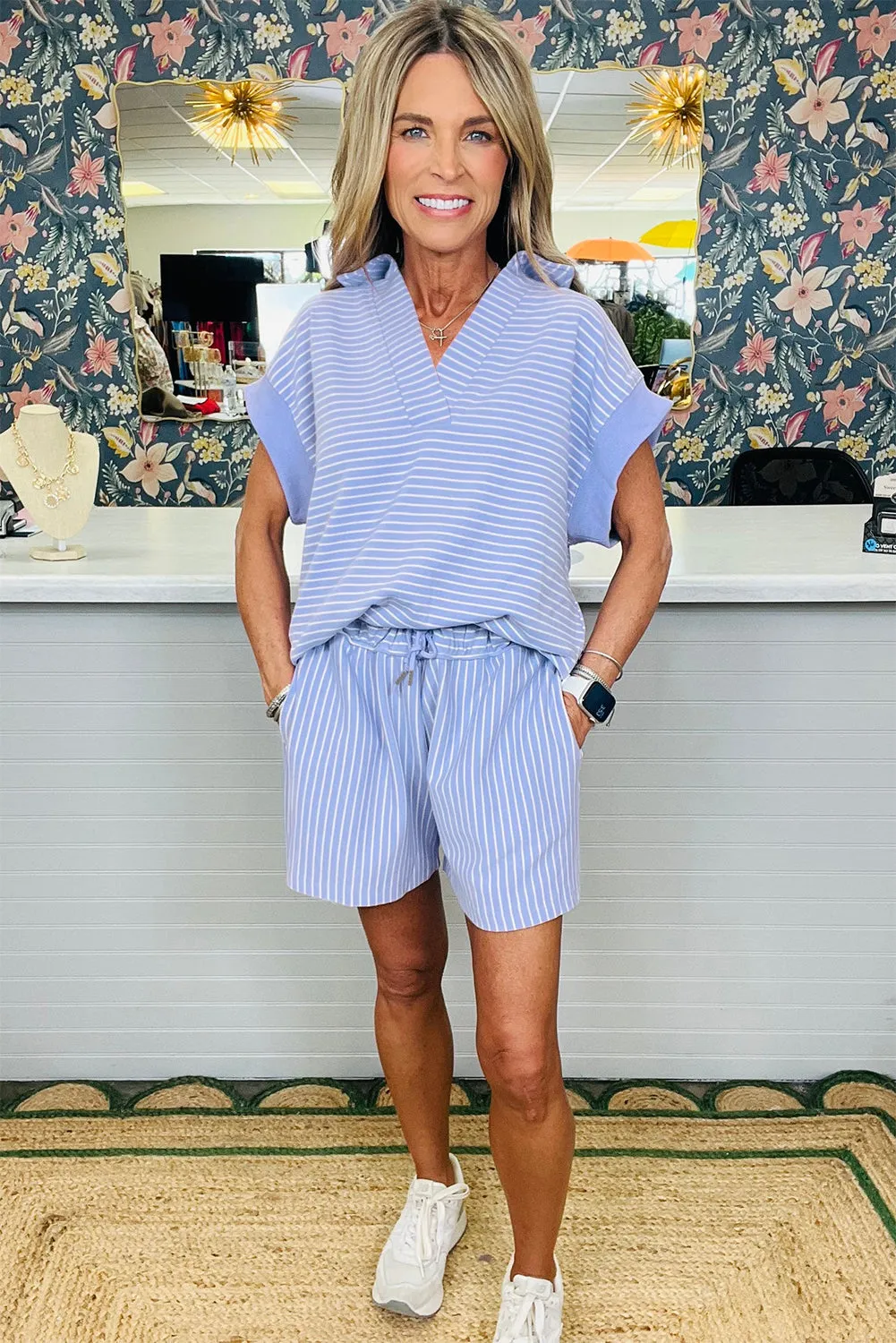 Sky Blue Stripe Dolman Sleeve Polo Shirt and Drawstring Shorts Set sold by Beagle Boutique product image thumbnail 3