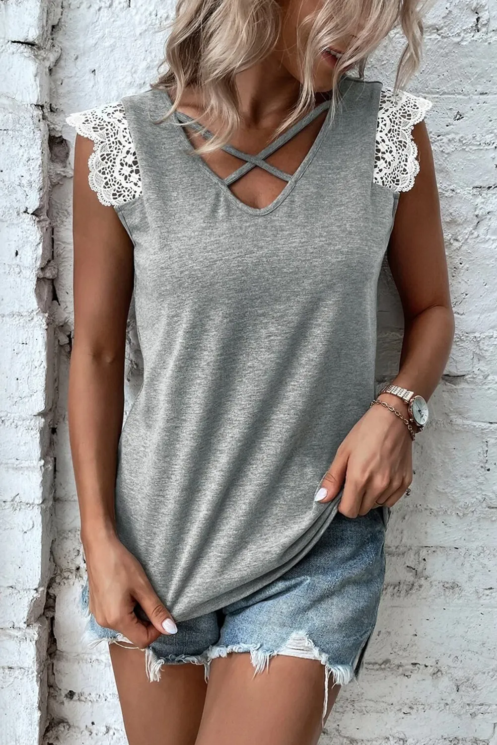 Grey Lace Patchwork Criss Cross V-Neck Tank Top sold by Beagle Boutique product image thumbnail 3