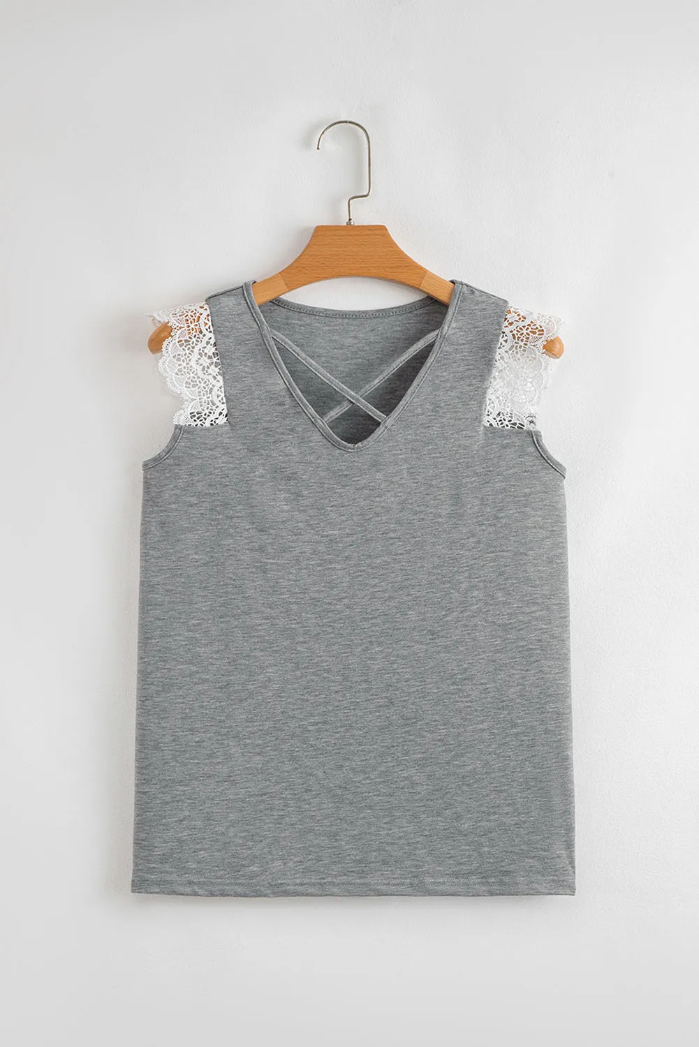 Grey Lace Patchwork Criss Cross V-Neck Tank Top sold by Beagle Boutique product image thumbnail 5