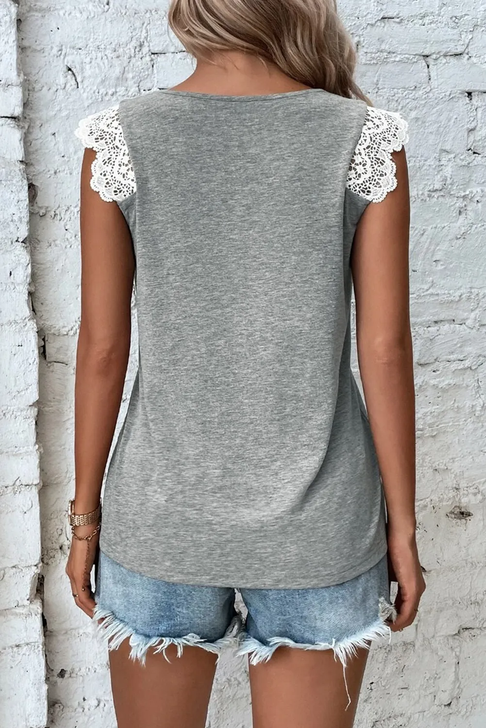 Grey Lace Patchwork Criss Cross V-Neck Tank Top sold by Beagle Boutique product image thumbnail 2
