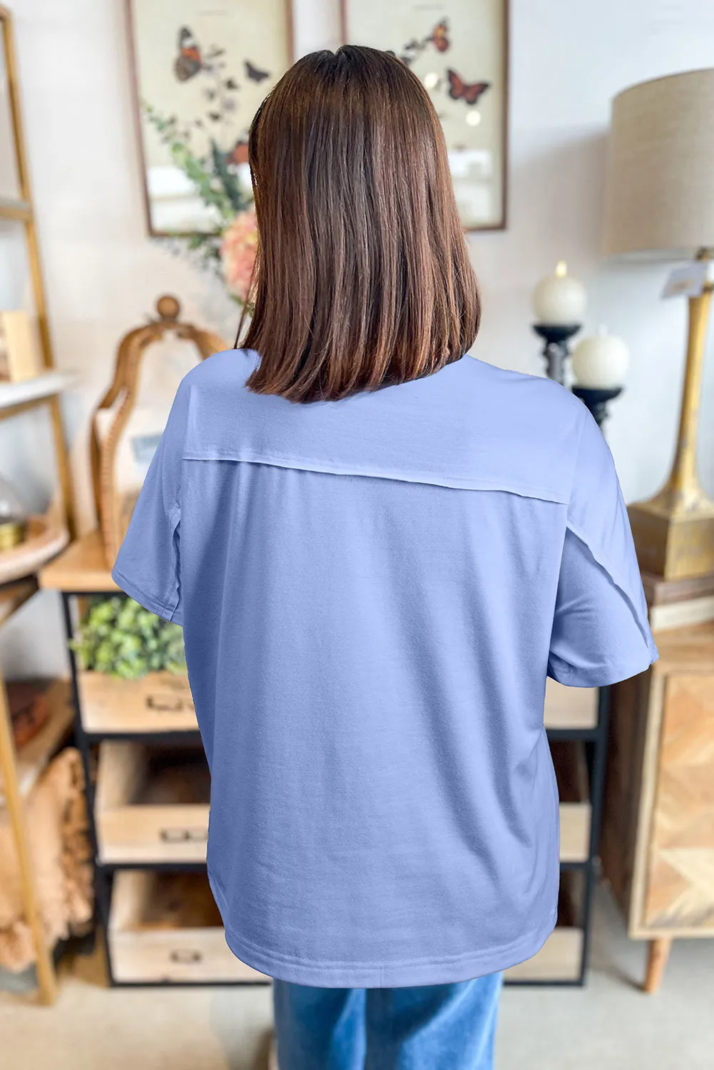 Flower Patched Exposed Stitching Trim Crew Neck Loose Tee sold by Beagle Boutique product image thumbnail 2