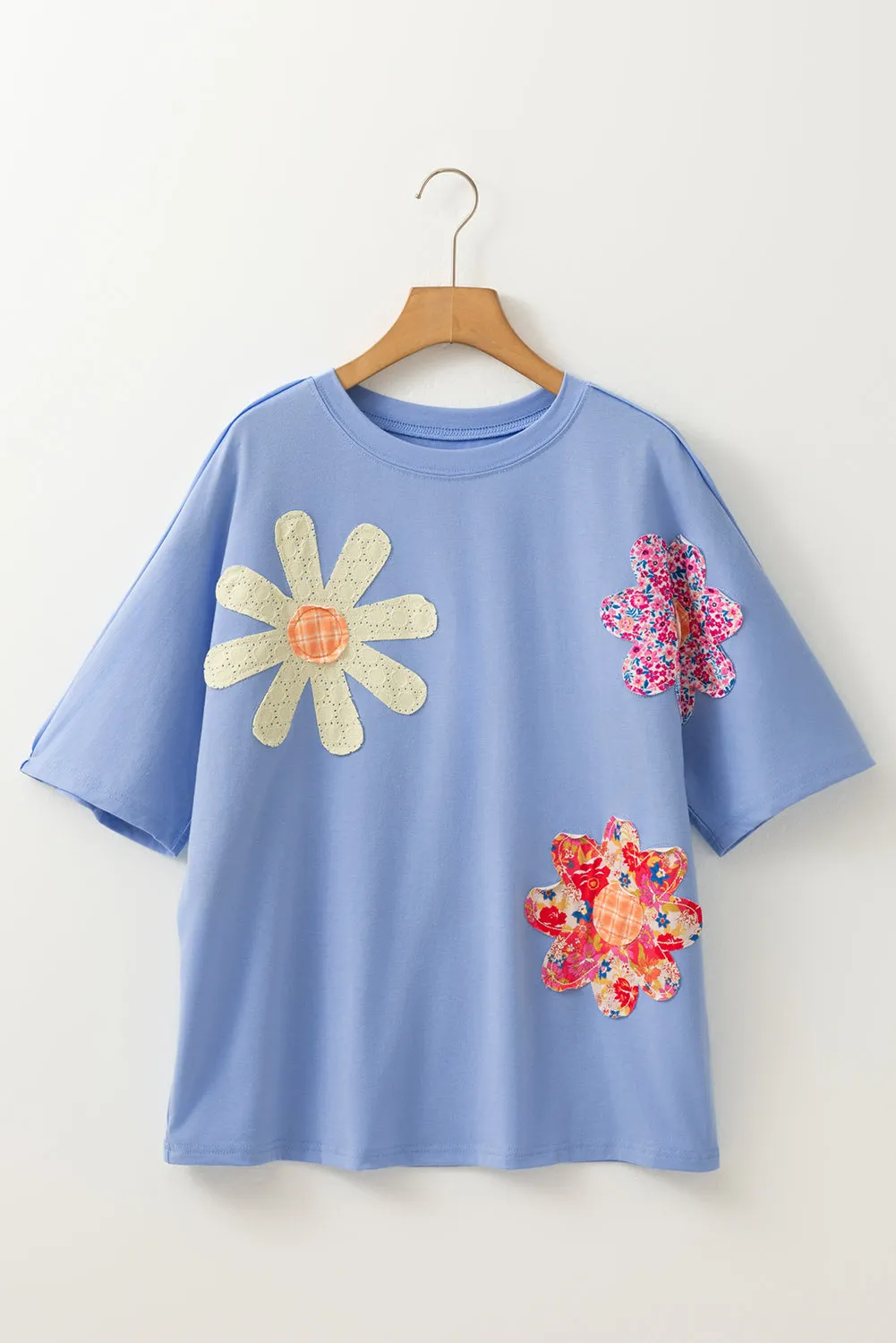 Flower Patched Exposed Stitching Trim Crew Neck Loose Tee sold by Beagle Boutique product image thumbnail 3