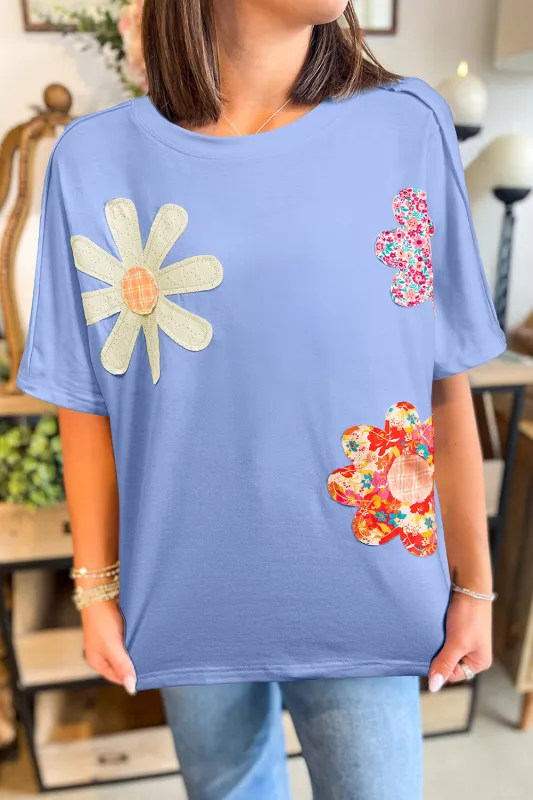 Flower Patched Exposed Stitching Trim Crew Neck Loose Tee sold by Beagle Boutique