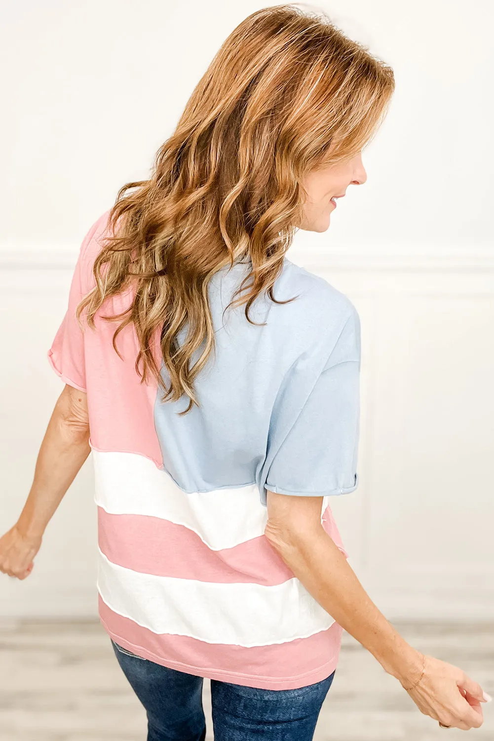 Pink Stars and Stripes Printed Crewneck Independence Day T-Shirt sold by Beagle Boutique product image thumbnail 3