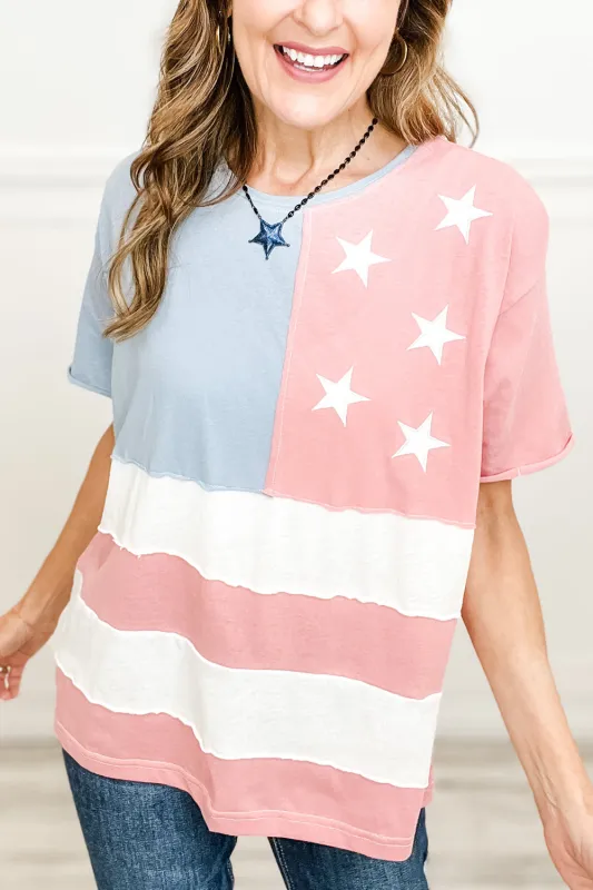 Pink Stars and Stripes Printed Crewneck Independence Day T-Shirt sold by Beagle Boutique