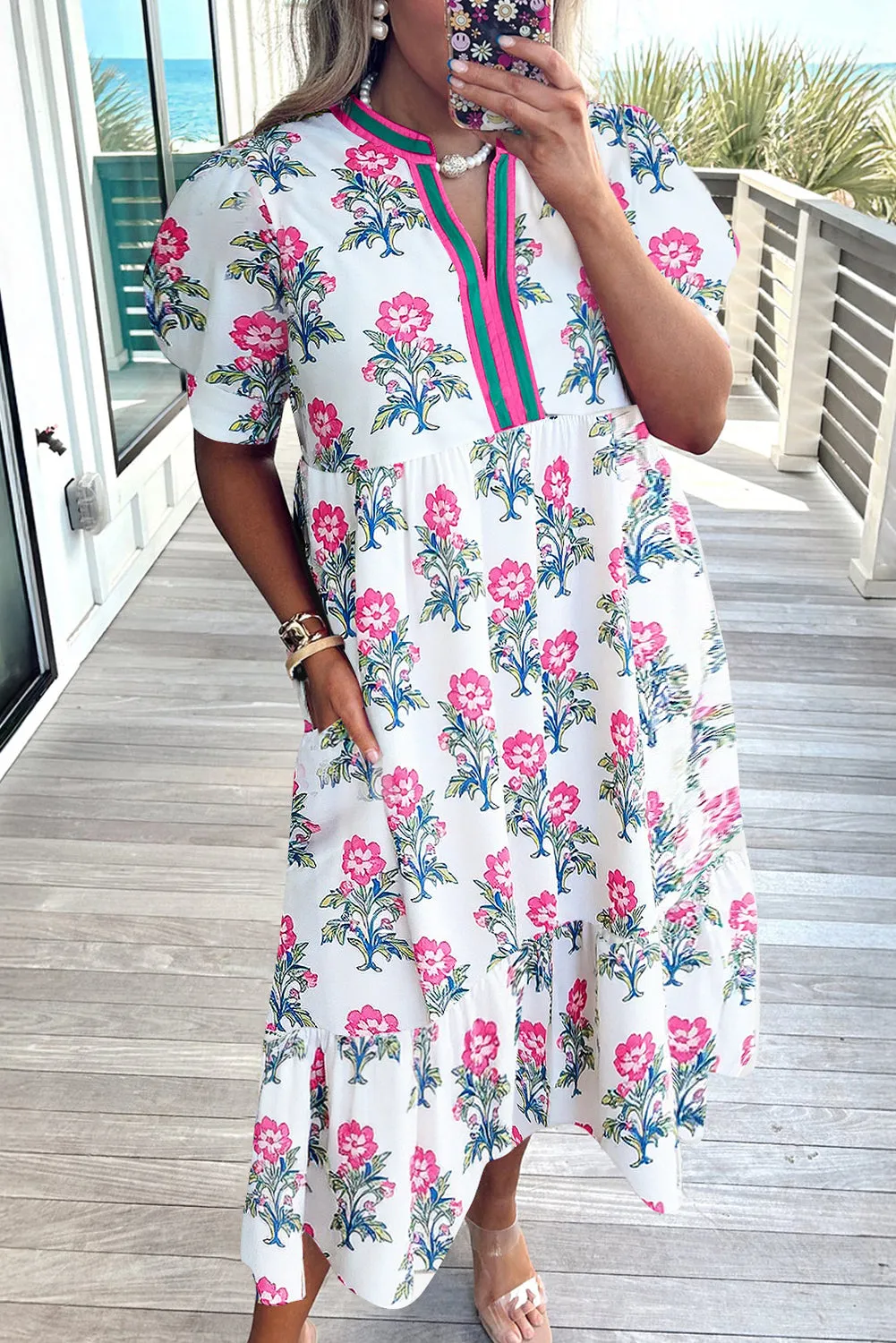 Print Contrast Split Neckline Short Puff Sleeve Curvy Dress sold by Beagle Boutique