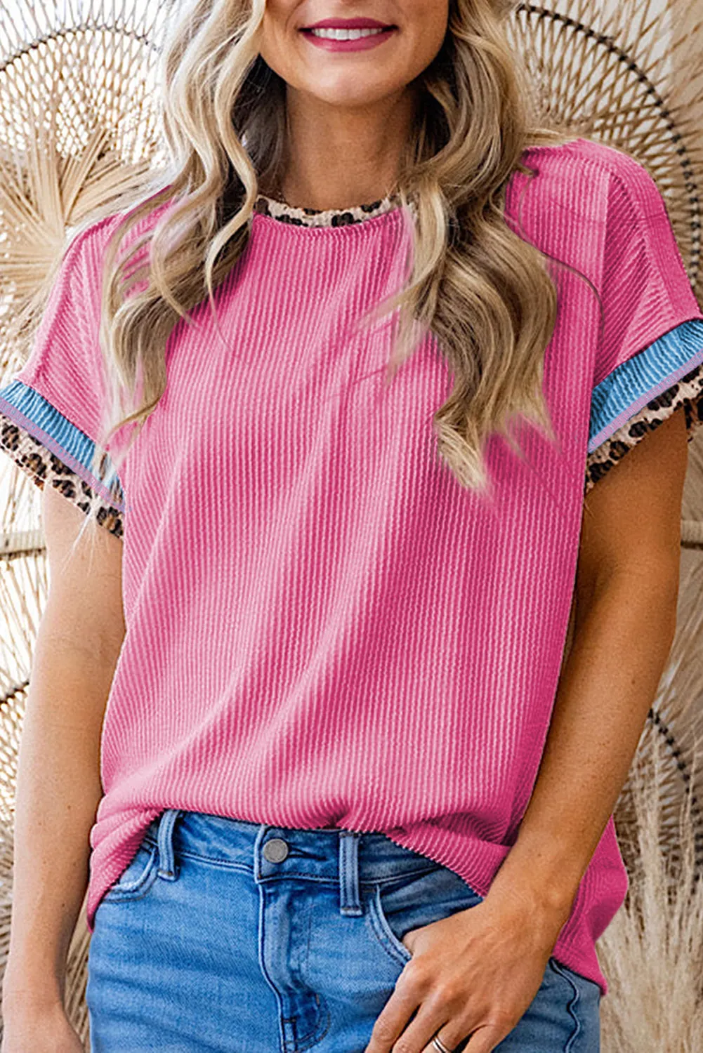 Leopard Patchwork Rib Crew Neck T-Shirt sold by Beagle Boutique