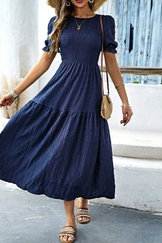 Sail Blue Textured Smocked Puff Short Sleeve Maxi Dress sold by Beagle Boutique