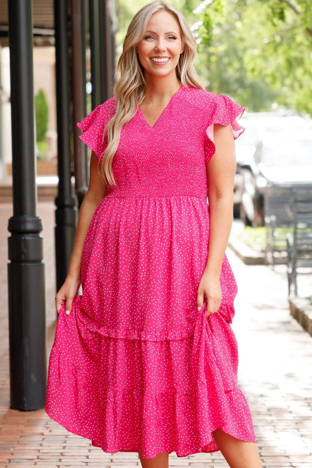 Rose Polka Dot Print Ruffle Smocked Plus Midi Dress sold by Beagle Boutique product image thumbnail 4