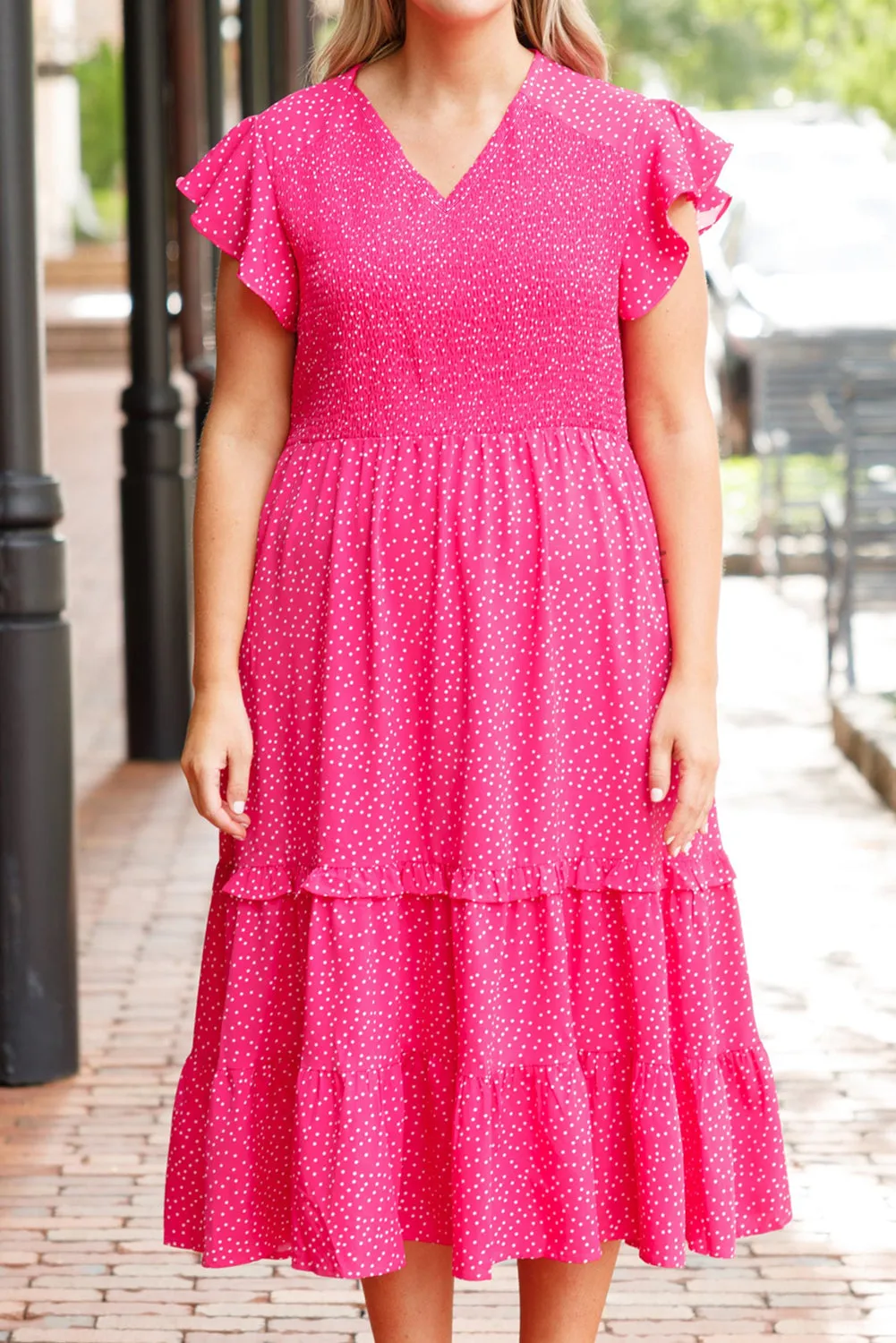 Rose Polka Dot Print Ruffle Smocked Plus Midi Dress sold by Beagle Boutique product image thumbnail 3
