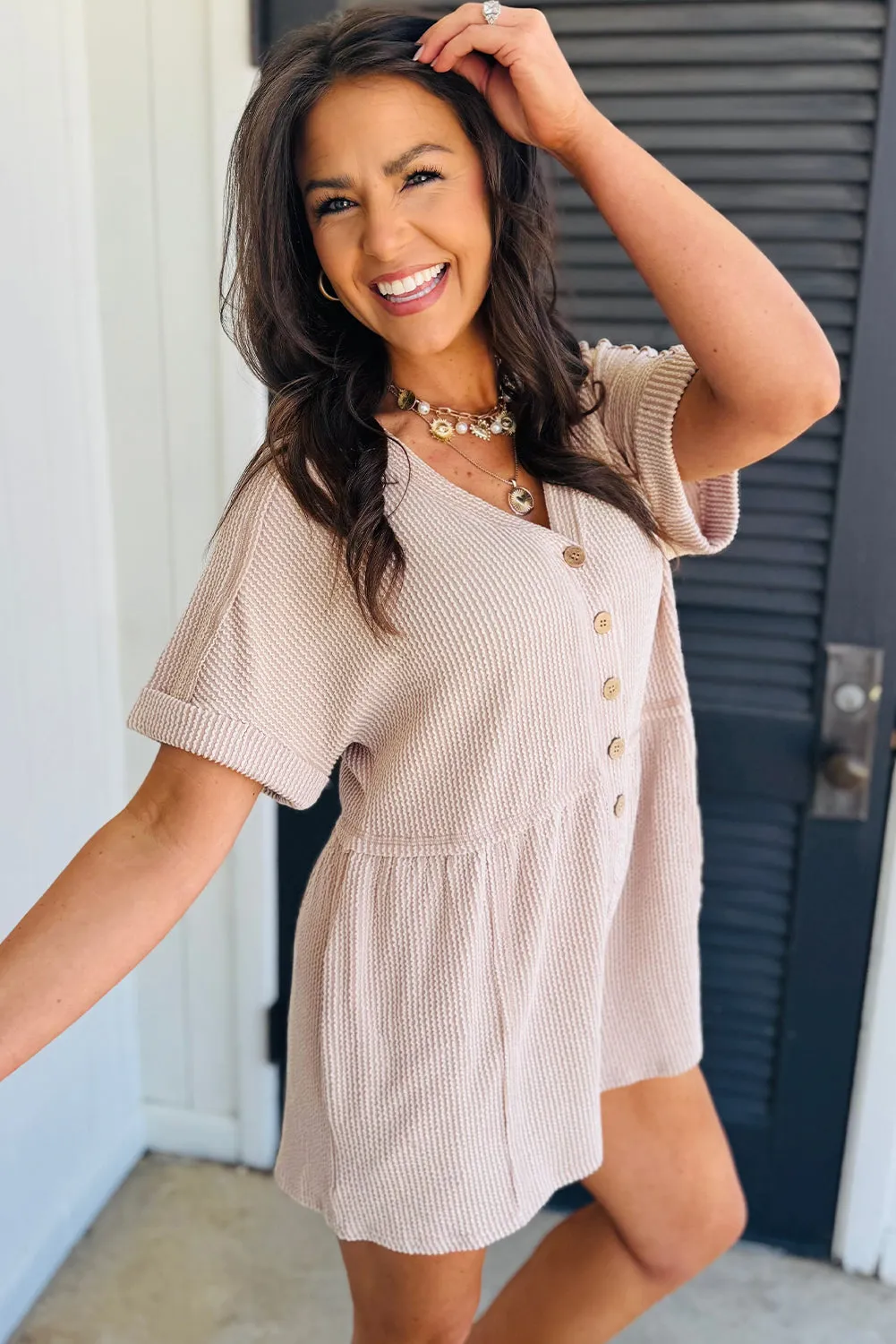 Rib Short Sleeve V-Neck Buttoned Romper with Pocket sold by Beagle Boutique product image thumbnail 2