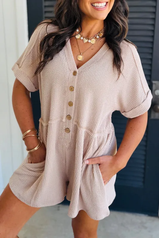 Rib Short Sleeve V-Neck Buttoned Romper with Pocket sold by Beagle Boutique