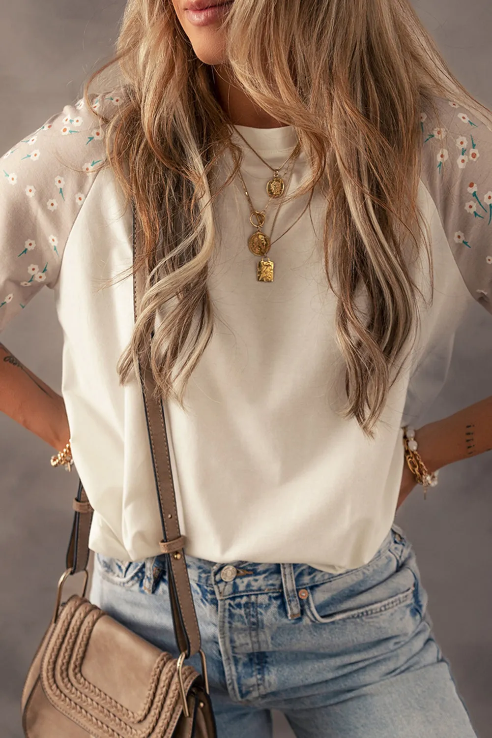 Beige Floral Print Raglan Sleeve T-Shirt sold by Beagle Boutique product image thumbnail 4