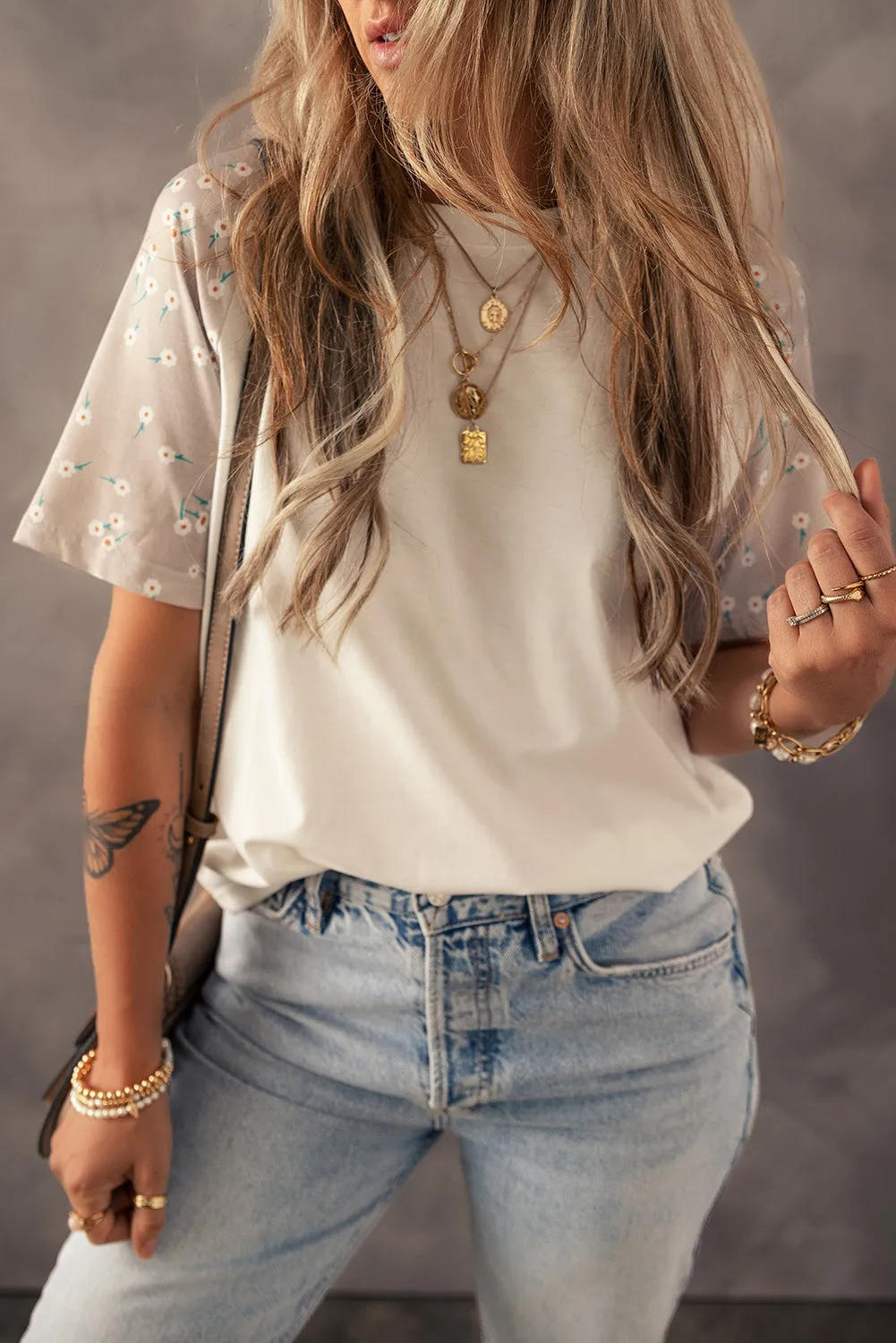 Beige Floral Print Raglan Sleeve T-Shirt sold by Beagle Boutique