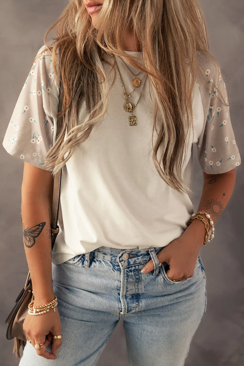 Beige Floral Print Raglan Sleeve T-Shirt sold by Beagle Boutique product image thumbnail 3