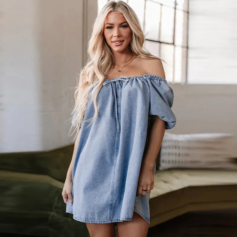 Denim Mini Dress Off The Shoulder sold by Beagle Boutique