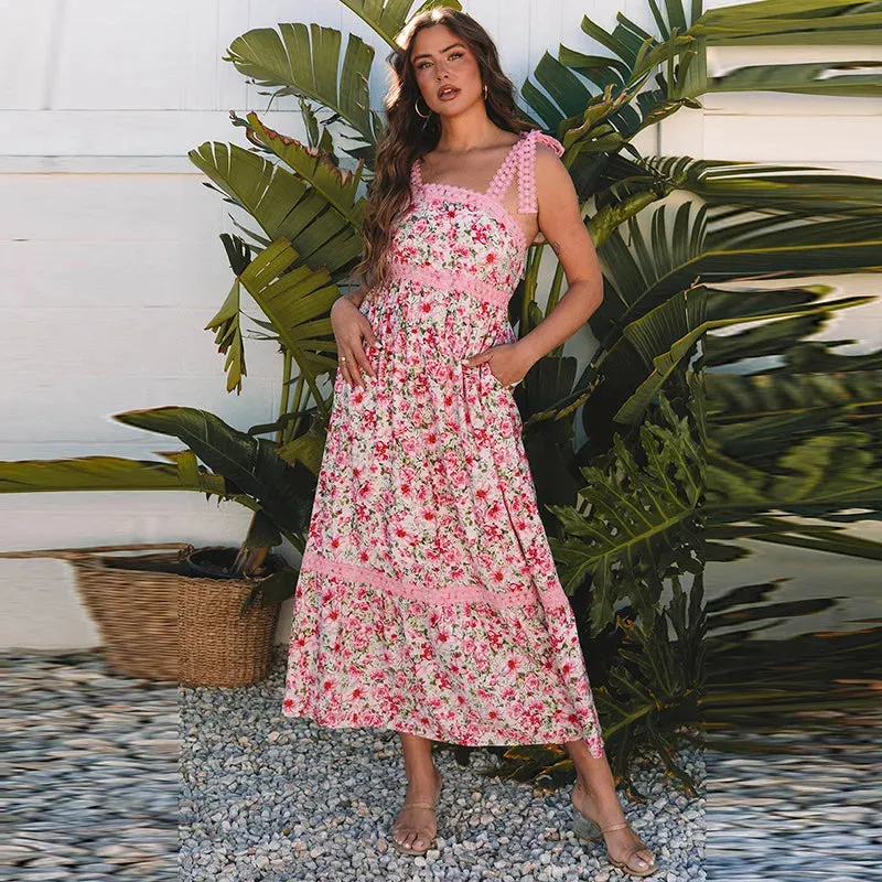 Pink Floral Print Lace Strap Maxi Dress sold by Beagle Boutique