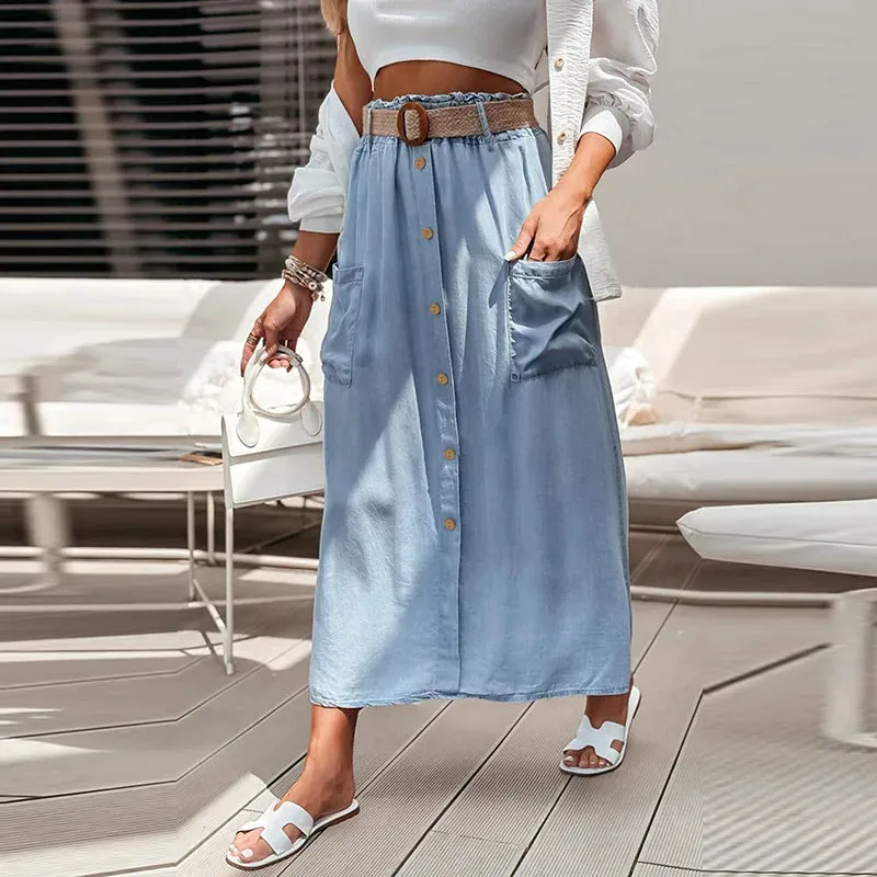 Denim Blue Skirt Button Down Lyocell Maxi Skirts sold by Beagle Boutique