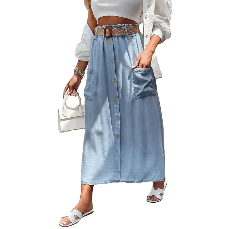 Denim Blue Skirt Button Down Lyocell Maxi Skirts sold by Beagle Boutique product image thumbnail 5