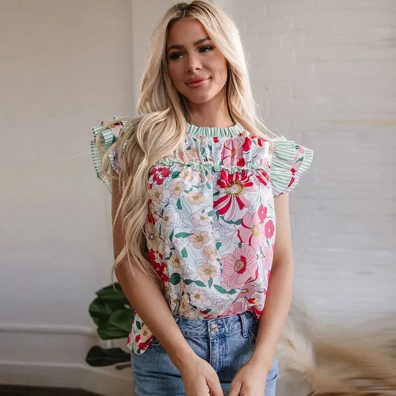 Floral Print Chiffon Blouse Cap Ruffle Sleeves sold by Beagle Boutique