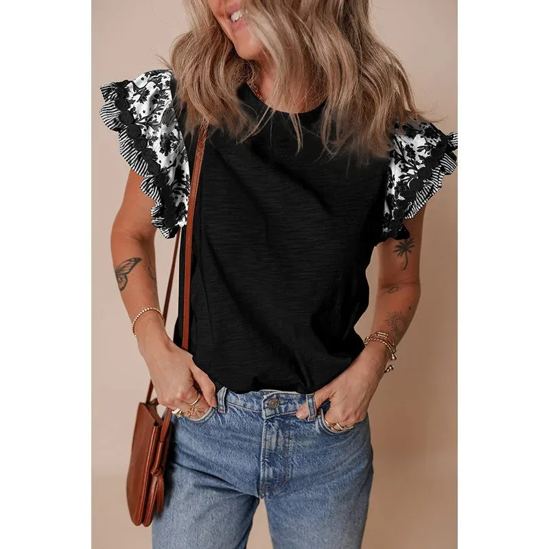 Ruffle Patchwork Lace Casual T-Shirt Cap Sleeve sold by Beagle Boutique