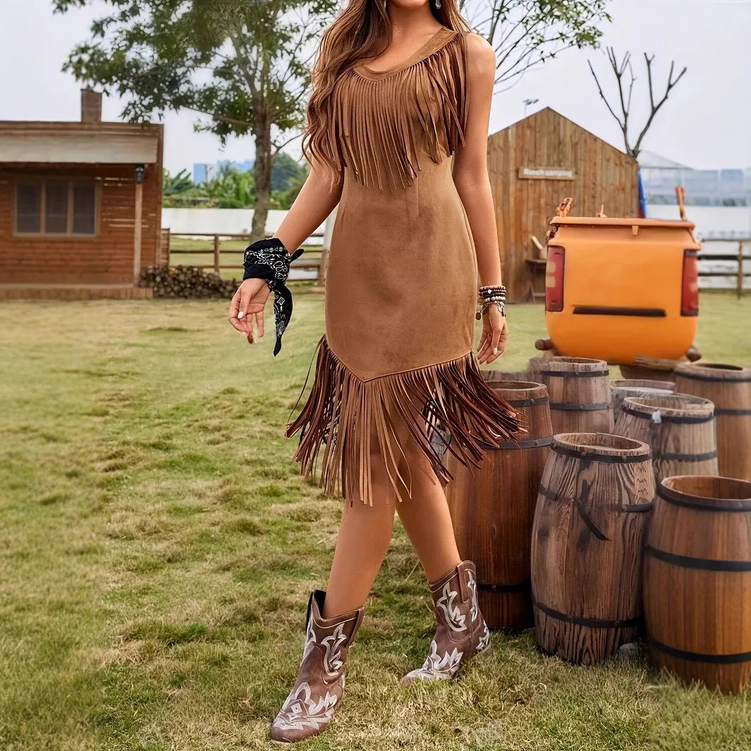 Western Style Faux Suede Fringe Dress sold by Beagle Boutique