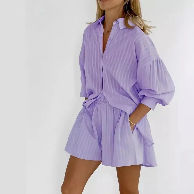 Striped Casual 2 Piece Co-ord Set Long Sleeve Shirt and Shorts sold by Beagle Boutique product image thumbnail 3