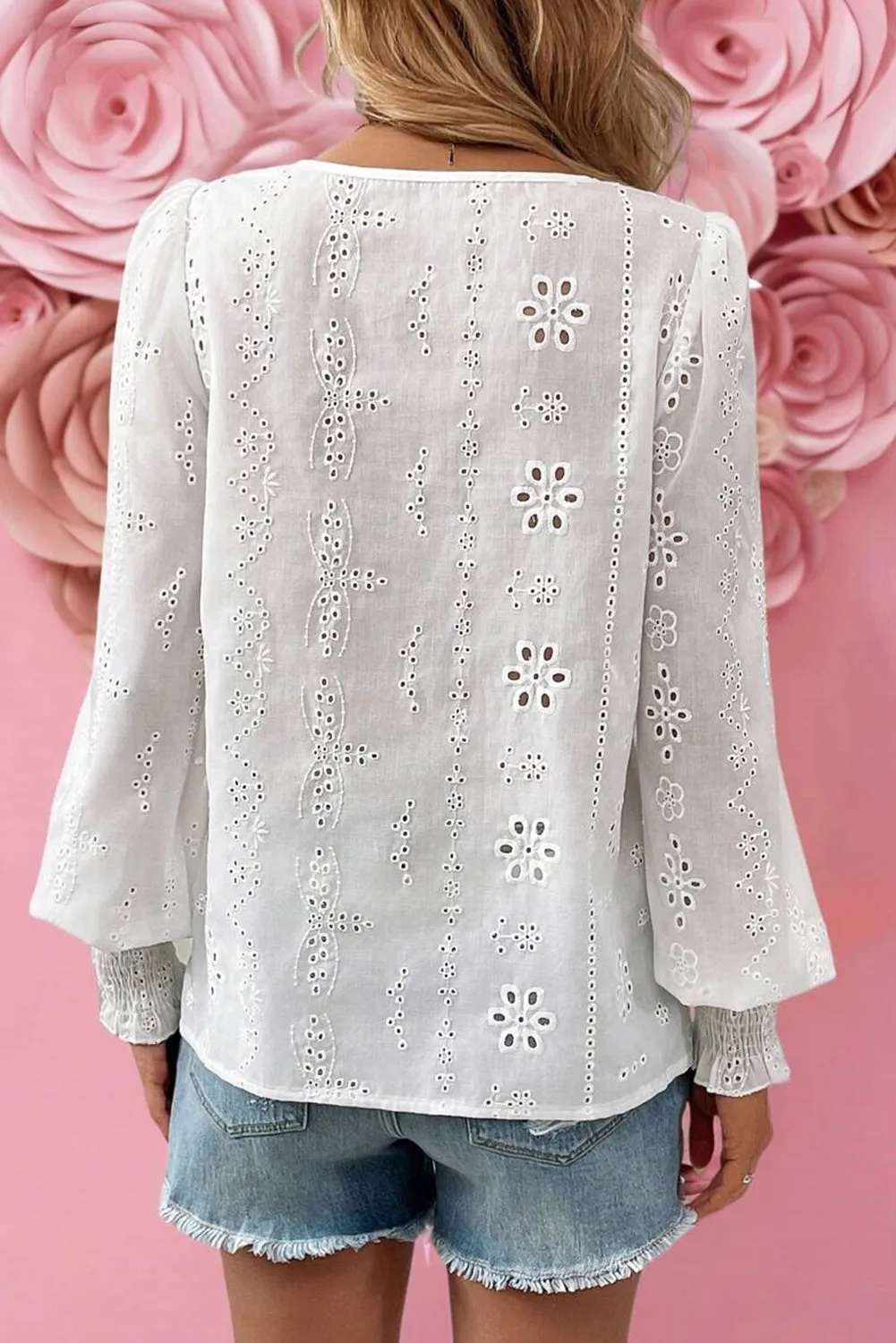 White Eyelet Embroidered Smocked Cuff Sheer Blouse sold by Beagle Boutique product image thumbnail 2